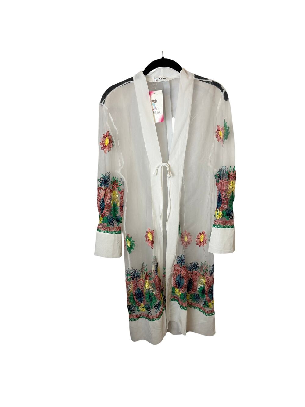 NWT‎ ASHA Sheer Embroidered Floral Kimono Cardigan One Size Lightweight Duster